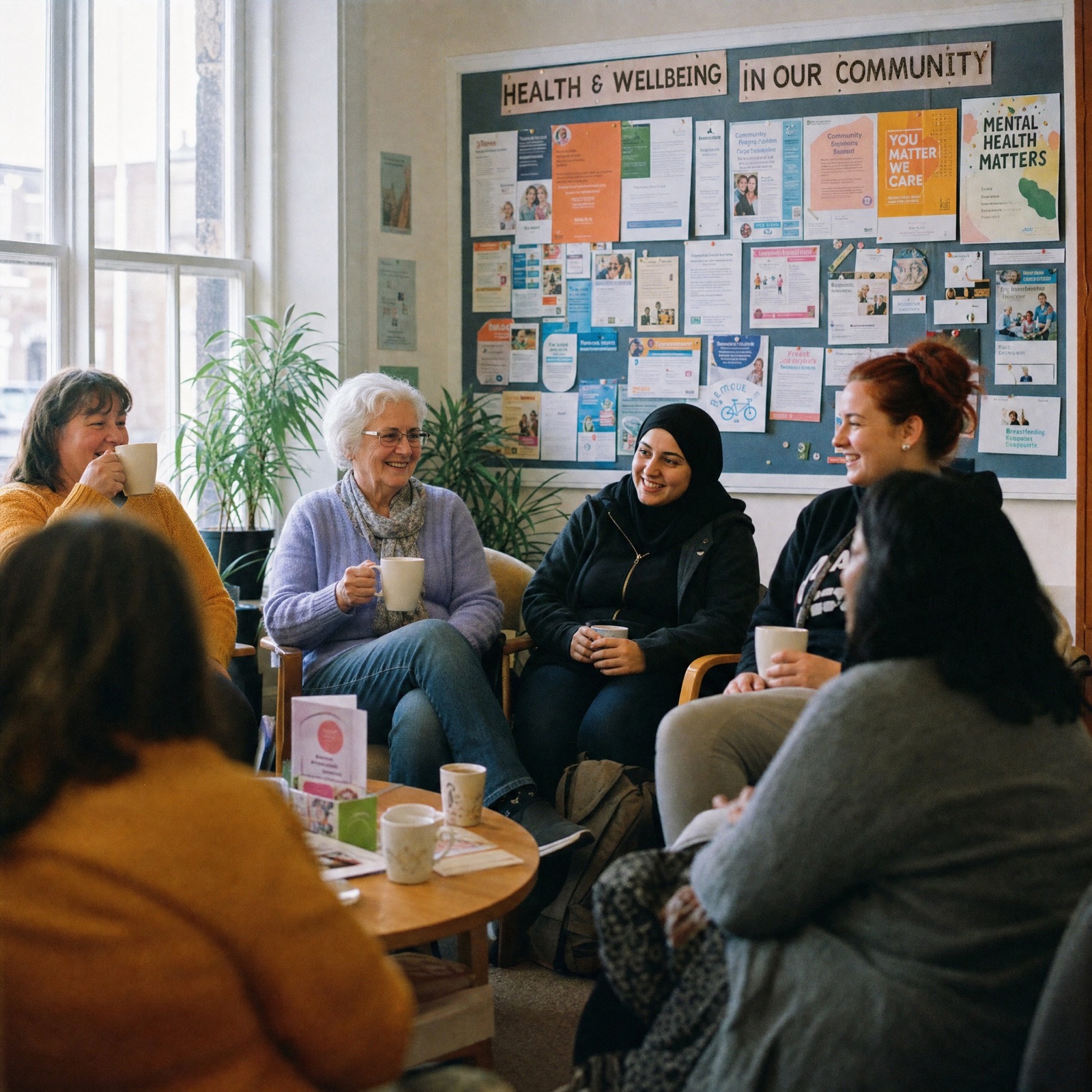 A group of adults in a community room sharing over cups of tea