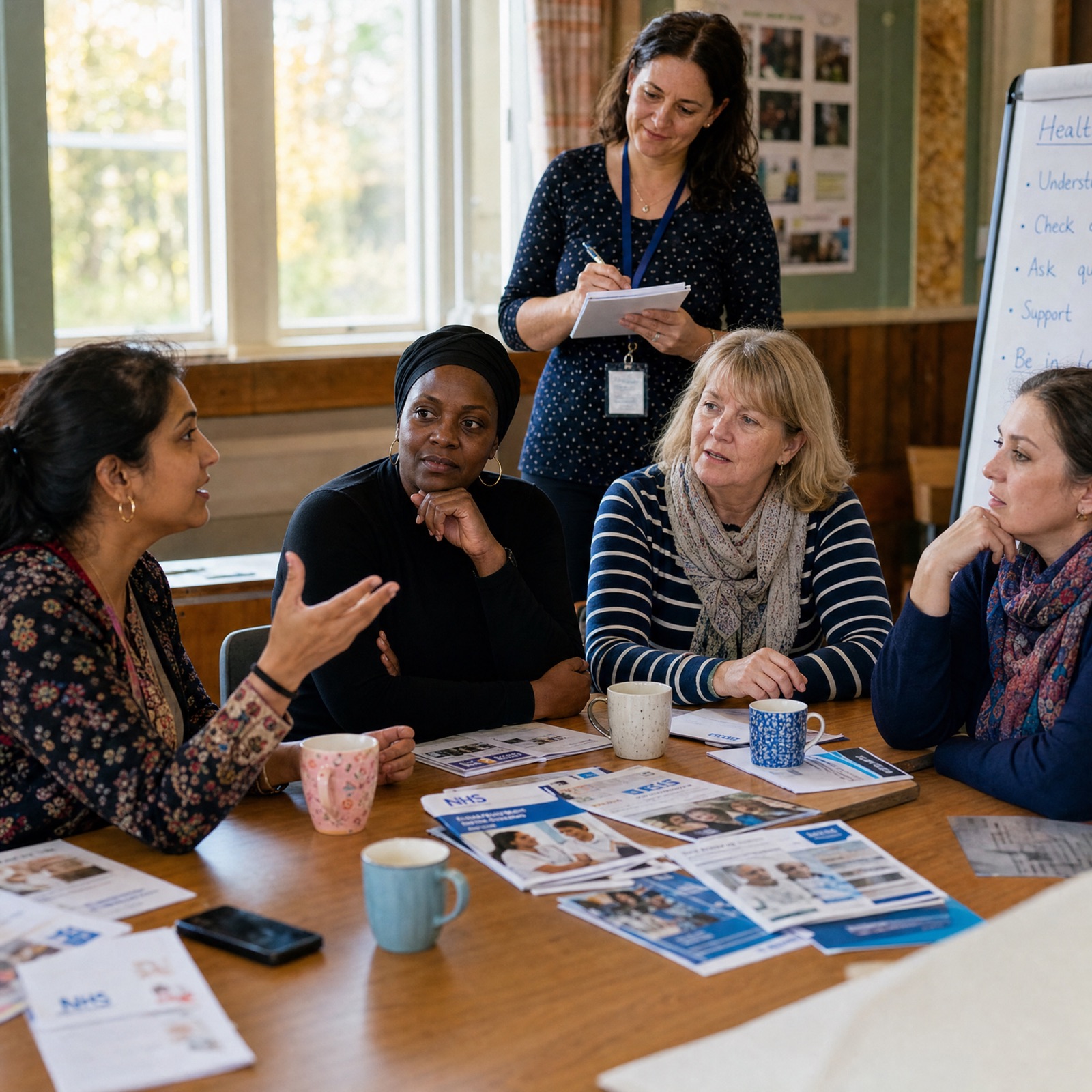 A circle of adults sharing in a peer-led chronic pain support session in a warm Elgin community room, afternoon light through tall windows